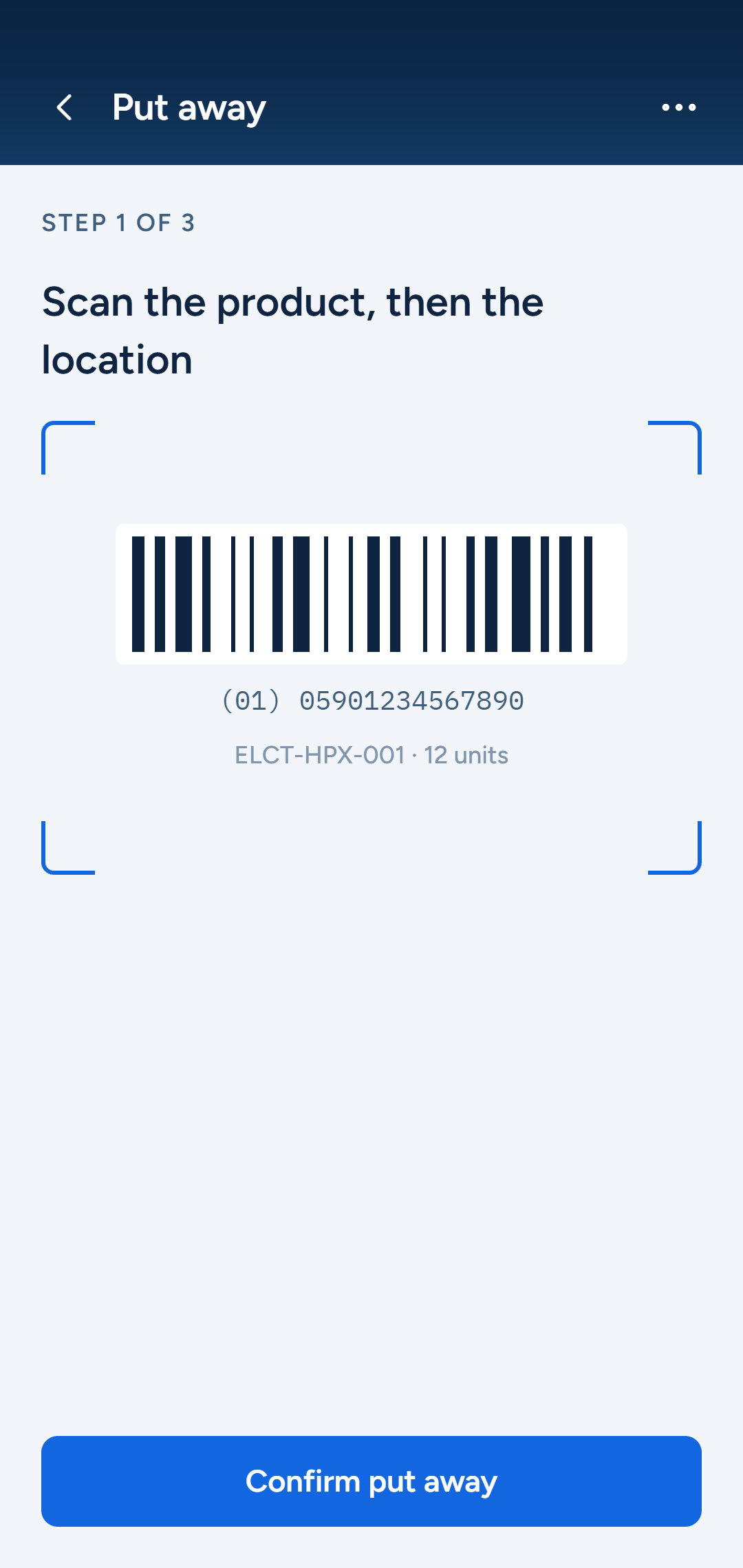 Flow WMS handheld put-away scan screen